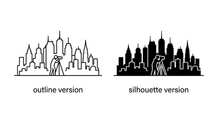 Obraz premium Cityscape Duo: An artistic representation of a modern cityscape, presented in both an outline and a silhouette version, featuring a photographer with a tripod as a focal point.