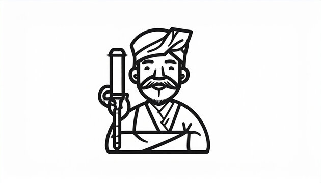 Javanese man wearing traditional blangkon headgear holding a keris dagger line art illustration