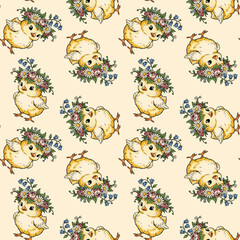 Naklejka premium Pastel cute chicks with flower crowns pattern background