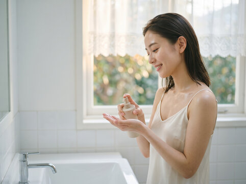 洗面所でポンプから手のひらに美容液を出す女性