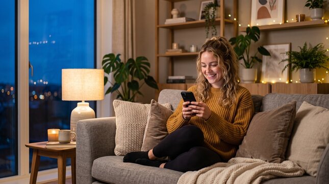 Happy Young Woman Using Smartphone While Relaxing on Sofa at Home