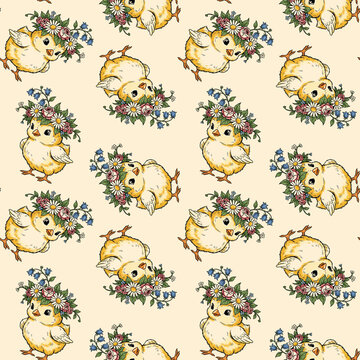 Pastel cute chicks with flower crowns pattern background