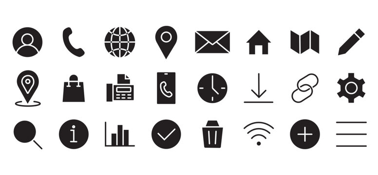 Minimalist contact icons set, black solid web interface symbols, 24 business communication vector elements for website and app design