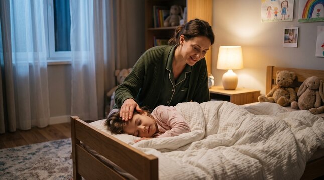 Caring Mother Checking on Sleeping Daughter at Bedtime in Cozy Child Bedroom