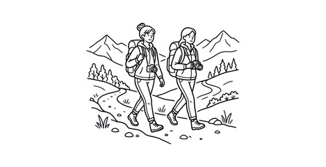 Obraz premium Women Hiking with Cameras Line Art Illustration