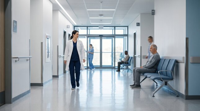 Doctor Walking Through Modern Hospital Corridor with Patient Waiting