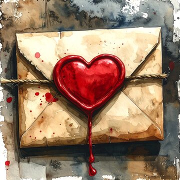 A romantic beige envelope sealed with a red heart-shaped wax stamp and tied with twine on a gray background