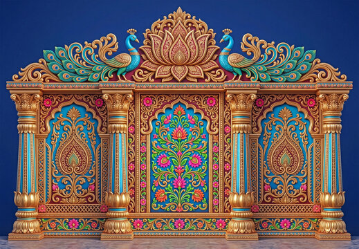 Premium Royal Backdrop with Ornate Golden Peacock, Lotus and Floral Mandap Decoration