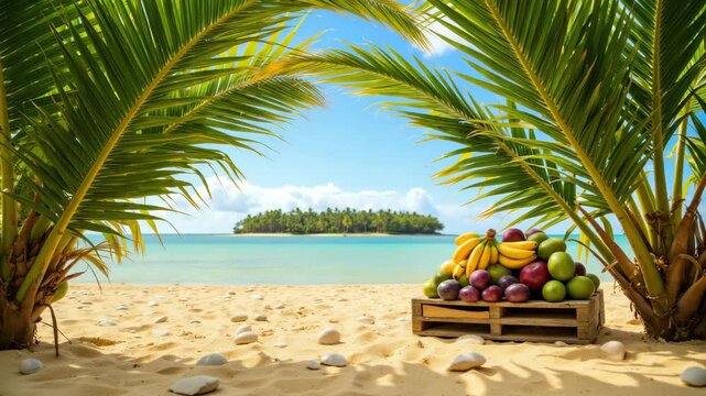 This features a tranquil tropical scene with palm trees framing a view of the ocean and a sandy beach where ripe fruits are displayed on a wooden crate.