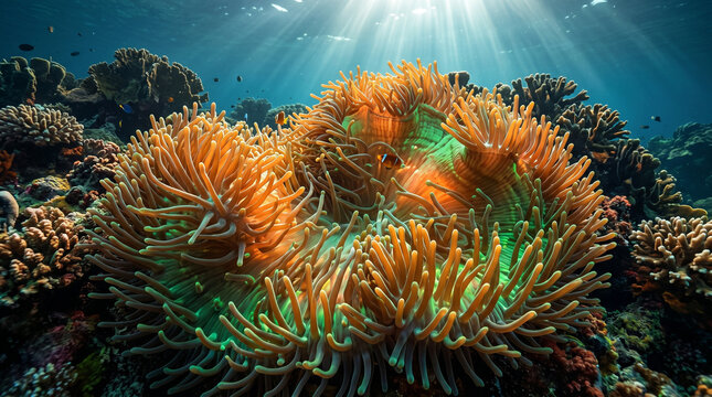 Bright orange sea anemone flourishing in tropical coral reef.