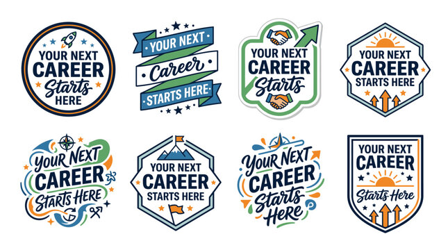 Set of badges and stickers promoting career development, job searching, and professional opportunities with various symbolic elements and inspiring typography