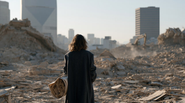 An urban planning consultant stands alone in a desolate demolished city block, a single rolled architectural model under one arm, dust settling in the aftermath of site clearance,