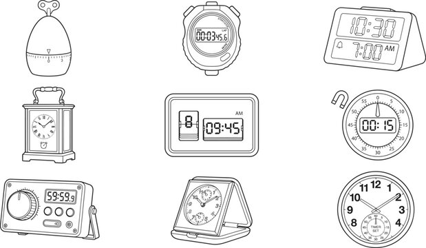 Collection of Analog and Digital Clock Icons Depicting Timekeeping Devices and Countdown Timers