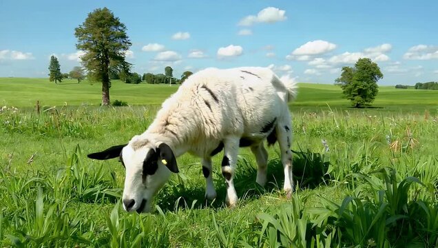 Peaceful 4K rural village video showing a small flock of white woolly sheep eating grass in a vibrant green meadow field under a quiet sky