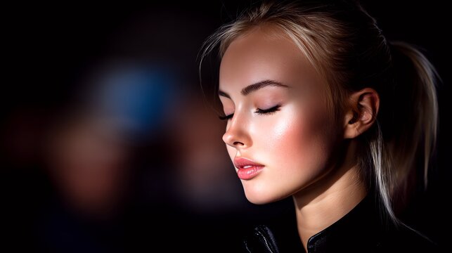 Close-up of woman's face with closed eyes and ponytail