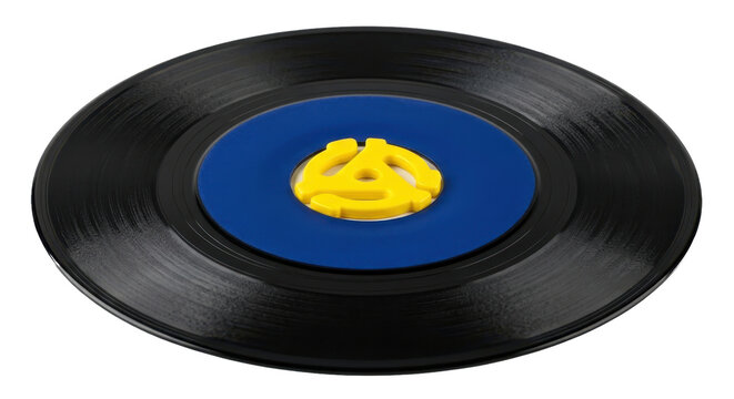 A vintage black 45 rpm vinyl record with a yellow adapter resting on a clean white background in a studio shot.