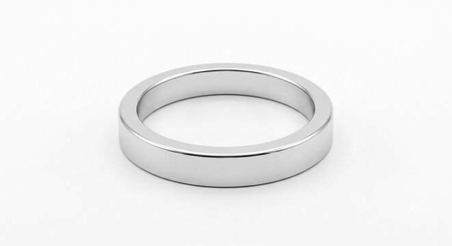 Extreme macro shot of a single bare polished aluminum perfume crimp pump collar on a white background.