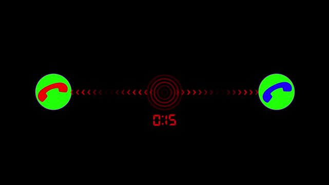 Call interface features bright circular buttons for communication management with a timer display showing fifteen seconds of elapsed time on a dark background for mobile telecommunications.