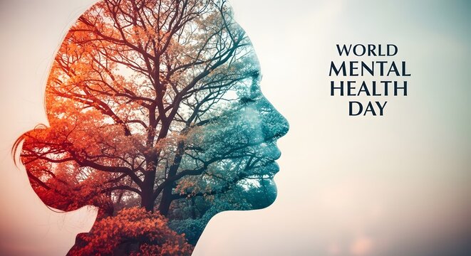 Double exposure silhouette of a human head merged with a tree for world mental health day concept
