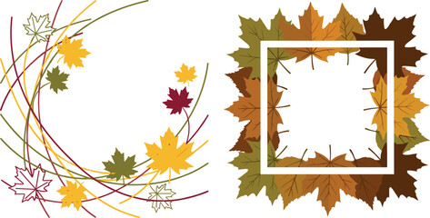 Autumn Maple Leaves Border Set with Square Wreath and Creative Abstract Curved Line Branch Frames for Thanksgiving Backgrounds Season Greetings and Invitation Card Layouts © Tanjimul