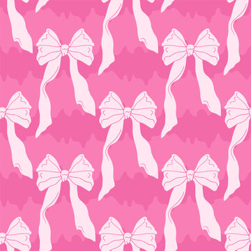Romantic pink ribbons over wavy fluid background stripe seamless pattern. Cute girly coquette repeat background