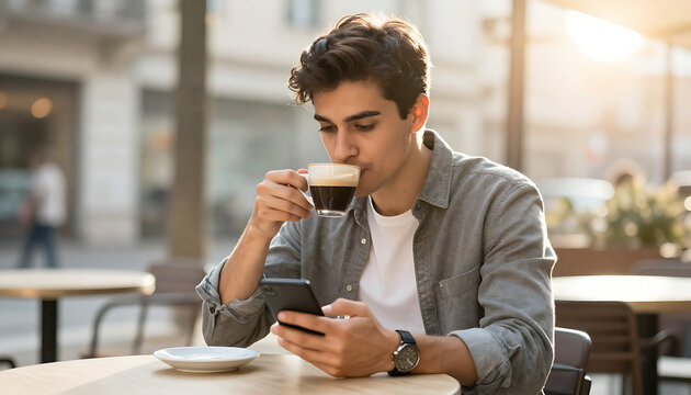 Young man drinking coffee and using smartphone. Male freelancer checking mobile at cafe.