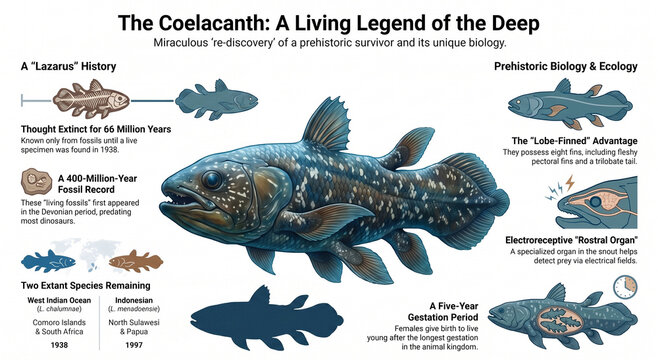 Educational infographic exploring the coelacanth, its evolution, anatomy, deep-sea habitat, biology and status as a living fossil.