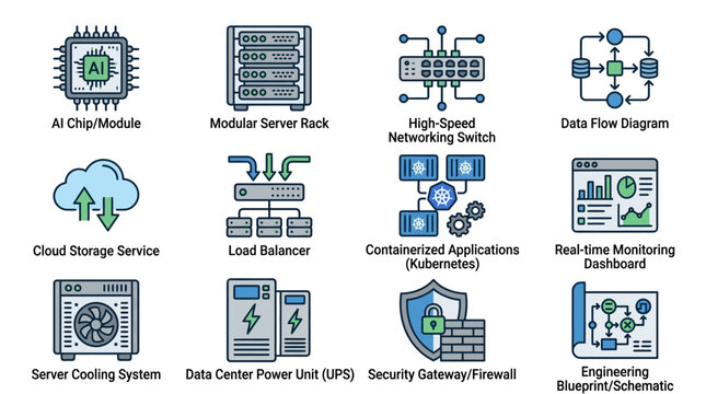 Corporate Data Center Infrastructure with AI Integration Modular Racks Networking Security and Monitoring Systems