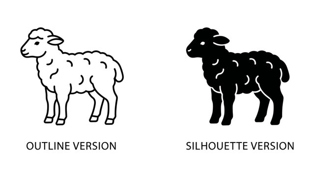 Outline and Silhouette Sheep: A graphic representation of a sheep shown in both outline and silhouette versions, offering a simple and clear depiction for various design applications.
