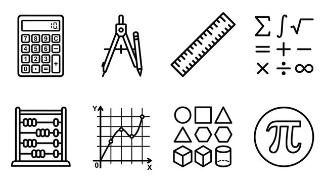 Educational mathematics and geometry icons set including calculator compass ruler equations abacus graph shapes and pi symbol with mathematics