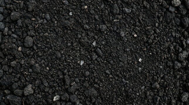 Black volcanic soil texture, dark charcoal earth ground background, natural organic peat compost for gardening and agriculture