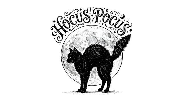 Hocus pocus black cat and full moon with stars, halloween magic concept illustration.