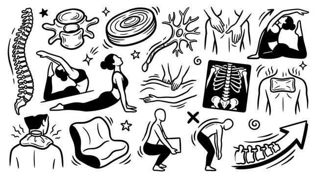 Various black and white line art illustrations depicting back pain, spinal health, and chiropractic care on a clean white background