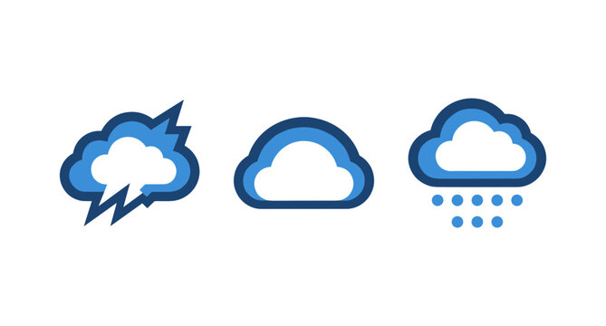 Three weather flat vector icons with storm cloud, clear sky cloud and rainy cloud, forecast meteorology graphic symbols isolated on white background for app and ui design