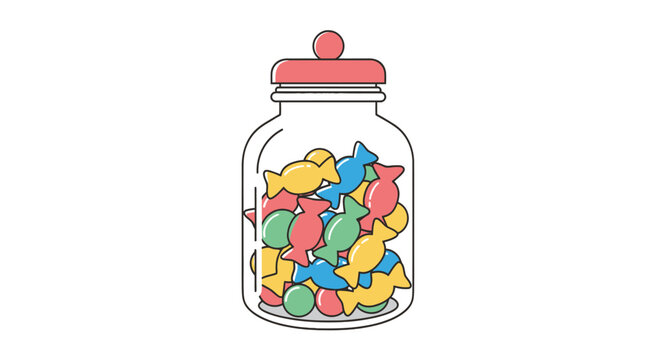 Glass jar filled with colorful wrapped candies and sweets