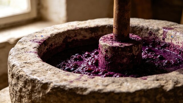 Ancient stone wine press with deep purple grape residue, textured surface in soft window light.