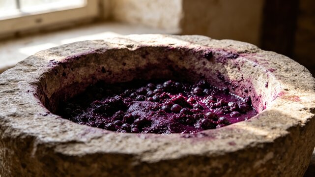 Ancient stone wine press with deep purple grape residue, textured surface in soft window light.