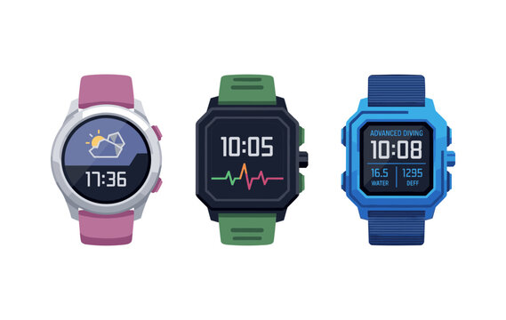 Three rugged sport smartwatch flat vector illustrations with diving, fitness and weather digital display screens, colorful silicone watch straps isolated on solid white background