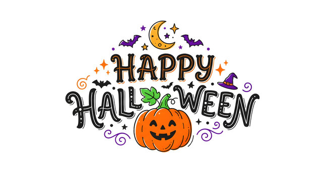 Happy Halloween colorful text with pumpkin moon bats and witch hat for festive greetings.