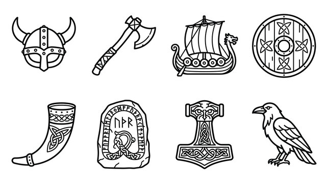 Set of viking symbols and mythology icons with mythology longship runestone scandinavian illustration historical medieval tradition norsemen