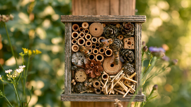 Wooden insect hotel with bamboo tubes in a summer garden