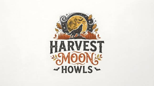 Harvest moon howls text with wolf full moon and autumn trees for spooky nighttime graphic.