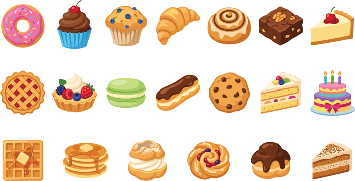 Sweet Bakery and Pastry Vector Icon Set Featuring Cakes Cupcake Donut Croissant Macaron Waffle Pancakes and Cookie Illustrations