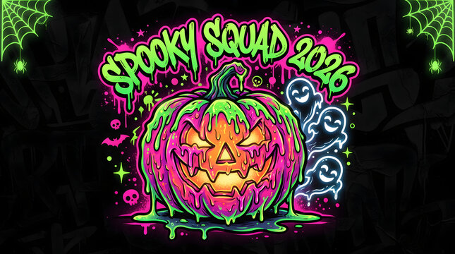 Spooky squad 2026 neon halloween pumpkin with dripping slime and ghosts.