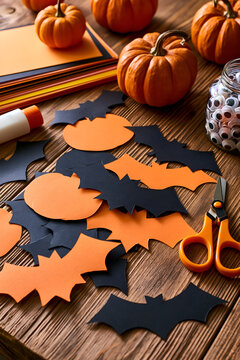 Halloween paper craft for kids with cut out bats and scissors