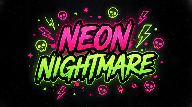 Neon nightmare scary halloween text with skulls lightning bolts and stars.