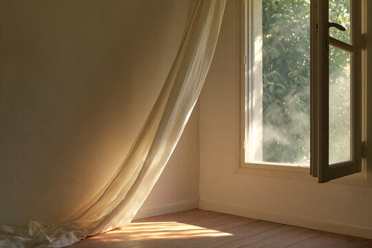 Linen curtain in the breeze at an open window with sunlight