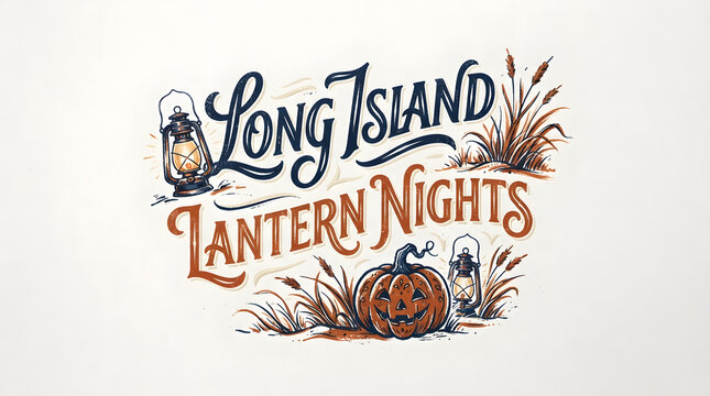 Long island lantern nights vintage halloween text with pumpkins and wheat.