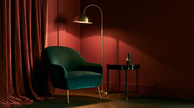 Theatrical interior with emerald velvet armchair and brass lamp