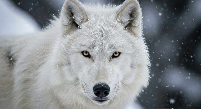 Majestic White Wolf in Snowy Forest Close-Up.